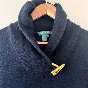 Ralph Lauren Sz XS‎ or PM Green Label Shawl Collar Ribbed Sweater Gold Clasp thumbnail 2