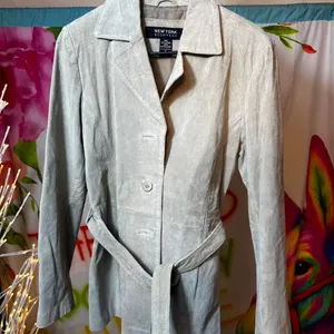 P209. New York & Company grey/tan suede leather jacket with belt thumbnail 1