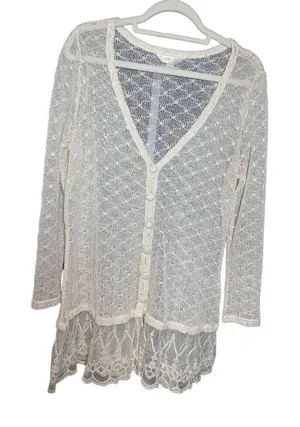 Krazy Kat Ivory Cream Open Knit Long Sleeve Button Front Lace‎ hem Top thumbnail 1