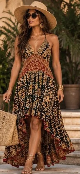 Bohemian Indian Silk V-Neck High-Low Maxi Dress thumbnail 1