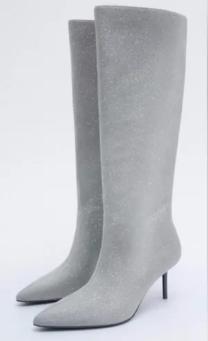 ZARA Silver Rhinestone Heeled Knee High Boots Heels thumbnail 2