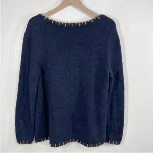 Pure Jill Women's Large Navy Blue Knit Sweater Whipstitch Trim Cotton Blend‎ thumbnail 3