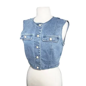 HOUSE OF HARLOW Women’s Cropped Denim Vest Faux Pearl Button Front thumbnail 3