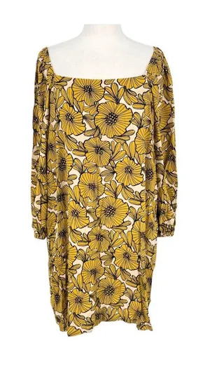 Anthropologie Morgyn Retro Boho Chic Floral Tunic Dress Yellow Ivory Size Large thumbnail 1