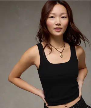 American Eagle Tank Top Womens‎ M Black NWOT Ribbed Square Neck Stretch thumbnail 1