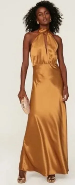 Something Navy Orange Halter Cutout Formal Bridesmaid Wedding Guest Gown Size S thumbnail 1