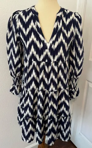 Tuckernuck Pomander Place Navy Ikat Kenzo Dress Empire Waist Swing Tiered XS thumbnail 1