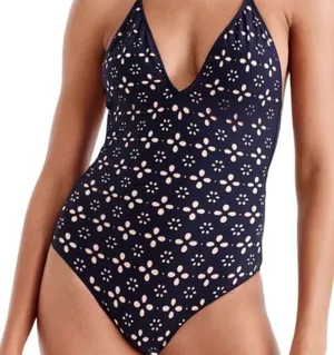 J CREW Navy Blue Beige Eyelet Cutout One-Piece Swimsuit Size 4 thumbnail 1