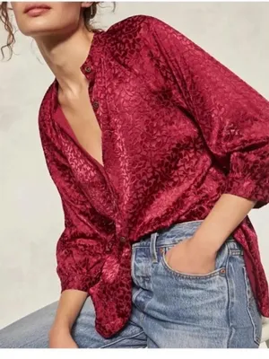 Anthropologie Susanna Burnout Velvet ¾ Sleeve Buttondown Blouse pink M thumbnail 2
