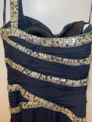 Navy Blue One Shoulder Sequin Beaded Formal Maxi Dress Evening Gown thumbnail 5