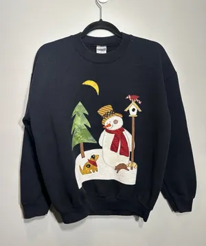 Vintage Snowman Sweatshirt Navy Crewneck Women’s Medium Gildan Xmas Tree Winter thumbnail 1