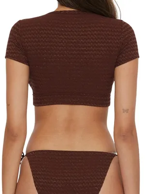 NWT Trina Turk Womens Glimmer Lace-up Crop Swim Top 3683755 Totem Brown Lurex 4 thumbnail 3