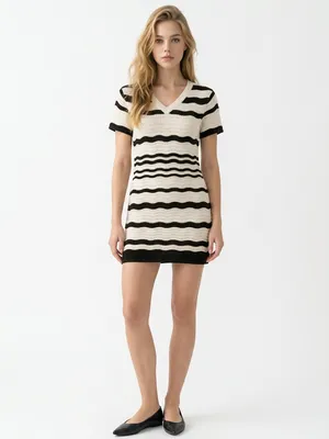 Striped V‑Neck Knit Mini Dress in Cream and Black thumbnail 2