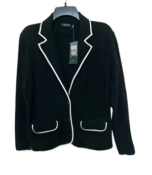 NWT Lauren Ralph Lauren Black Knit Blazer with Contrast White Piping size PL thumbnail 1