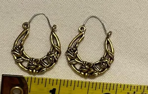 Vintage Pierced Gold Tone U Shape Hanging Earrings with Rose Design thumbnail 3