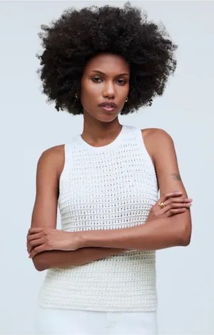 Madewell Womens White Crochet-Knit Crewneck Sweater Tank thumbnail 1