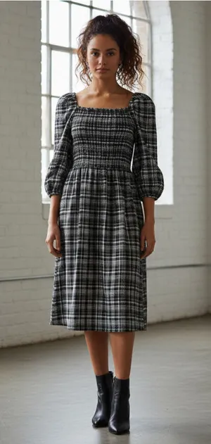 LOFT Plaid Gingham Square Neck Midi Dress Size L NWT thumbnail 1