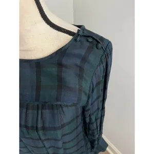 Loft Tartan Plaid Long Sleeve Blouse Medium Green Navy Blue Holiday Preppy Academia thumbnail 3