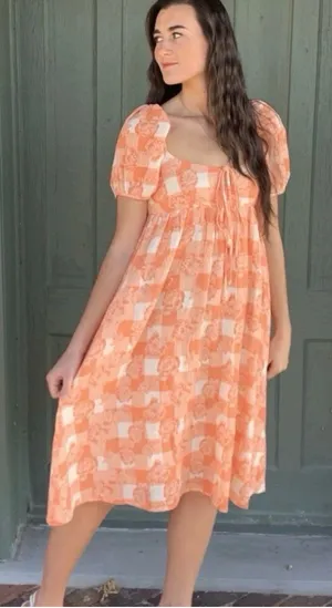 Olivaceous Orange White Floral Check Puff Sleeve Midi Dress Tie Front Size S NWT thumbnail 1
