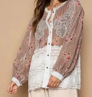 POL Velvet Burnout Lace Combo Embellished Tunic in Beige Combo sz medium thumbnail 1