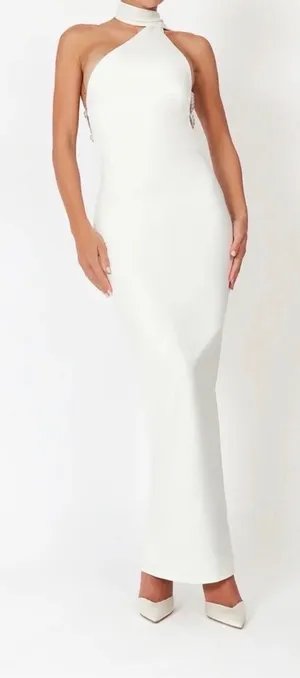 White Backless Halter Maxi Evening Gown with Pearl Back Straps from Khanum’s thumbnail 1