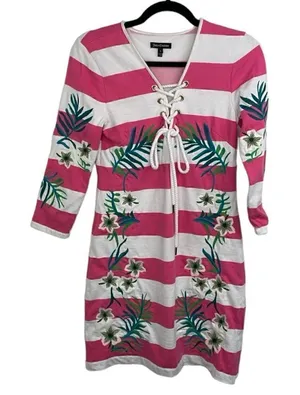 Y2K Juicy Couture Passion Pink/White Stripe Hibiscus Embroidered Dress Small thumbnail 1