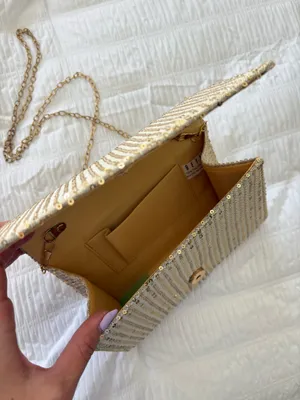 Sequin sparkly clutch with a detachable long chain and a sparkly gold finish thumbnail 4