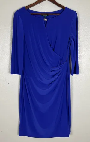 Lauren Ralph Lauren Dress 14 Purple‎ Faux Wrap Ruched Flattering Draped Classic thumbnail 1