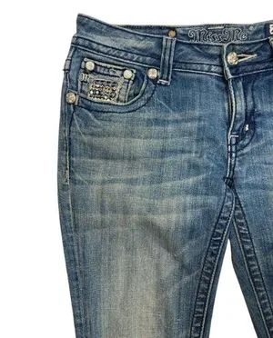 Miss Me Bootcut Womens Jeans Sz 27 Bling Rhinestone Distressed Denim Flap Pocket thumbnail 2