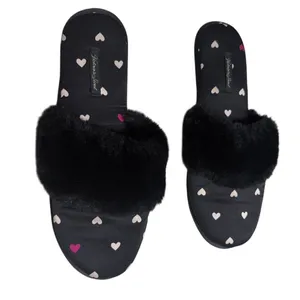 Victoria's Secret Satin Slippers House Shoes Hearts Fuzzy Black Size Large thumbnail 4