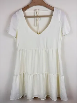 Show Me Your Mumu Ivory Tiered Babydoll Mini Dress XS V Neck Tie Back Bridal thumbnail 3