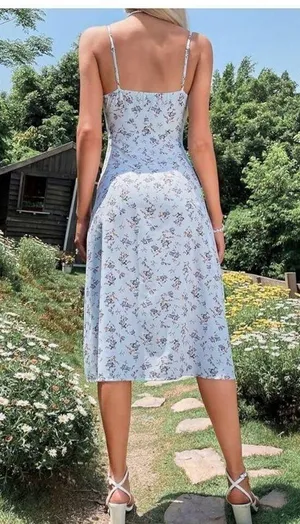 NEW Spaghetti Strap Floral Tie Front Slit Thigh Cami Dress Midi Dress S thumbnail 2