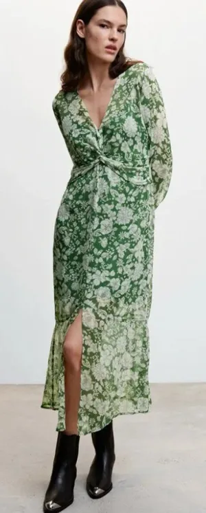NWT Mango MNG Floral Sheer Green White Romantic Twist Front Midi Dress XS $129 thumbnail 1