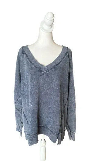 Aerie Downtime V neck Sweatshirt Navy Womens Medium Loungewear Oversize thumbnail 1