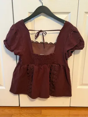 Altar’d State Brown Puff Sleeve Lace Edge Square Neck Babydoll Top thumbnail 3