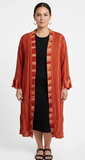 Freestyle Boho Red Striped Kimono Cardigan Open Front Duster Size 1X thumbnail 1