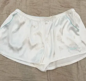 White satiny shorts with light blue piping, size L #bride #wedding thumbnail 1