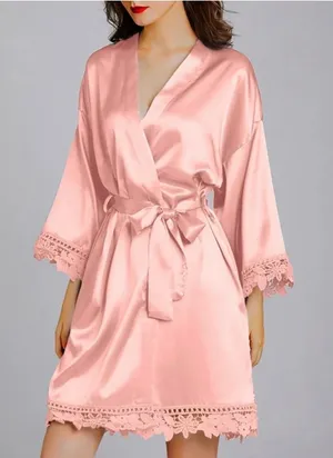 Bridal/ Bridesmaid Satin Pink Lace Crochet Floral Detail Robe OS. thumbnail 1