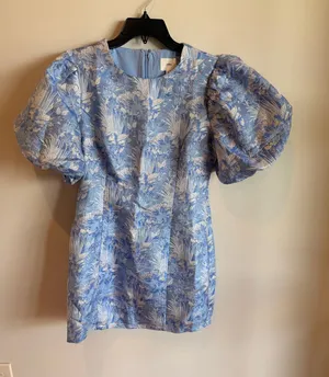 blue white and silver lena hoco dress with puff sleeves thumbnail 1