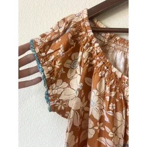Free People Boho Floral Tunic Top Orange S Cotton Tie Neck Cap Sleeve Ruffle Hem thumbnail 10