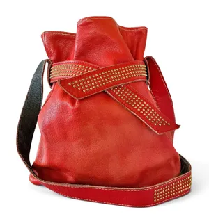 Vintage L.J. Simone Red Leather Glam Studded Belt Crossbody Hobo Bucket Bag thumbnail 1
