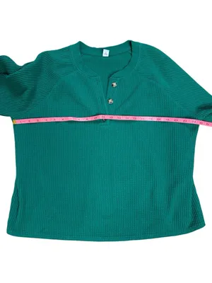Old Navy Jewel Green Boxy Waffle Knit Thermal Henley Long Sleeve Top XL thumbnail 2