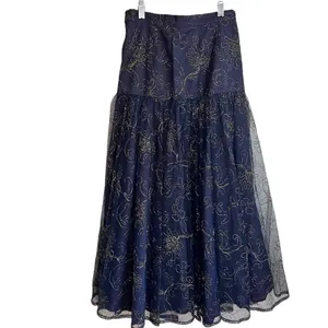 St. Gillian Navy Gold Embroidered Mesh Tiered Midi Skirt Size 6 thumbnail 3