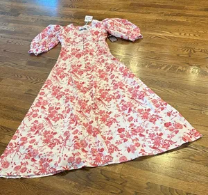 Evi Grintela NWT off white Maxi Dress with red Floral Print, buttons, xS,RV $800 thumbnail 1