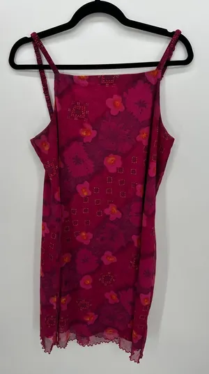 Vtg Y2K Pink Floral Mesh Mini Dress Slip Lettuce Hem Fairycore Coquette‎ Mcbling thumbnail 1