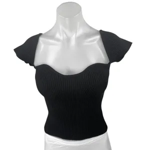 Peppermayo Black Rib Knit Short Flutter Sleeve Slim Fit Crop Sweater Top Sz S/M thumbnail 1