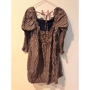 Free People Women Mini Dress L Brown Gingham Smocked Ruffle Cotton OB2049348 thumbnail 5
