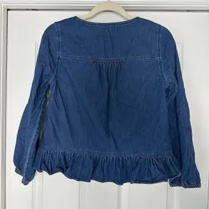 Madewell Womens Size-S Blue Denim Ruffle Detail Cotton Blouse Top Cropped thumbnail 2