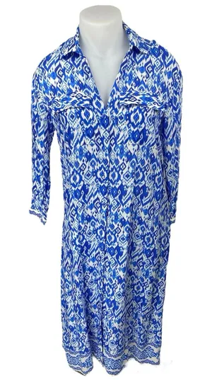 Women's Blue White Long Sleeve Abstract Argyle Button Up Maxi Shirt Dress Size L thumbnail 1