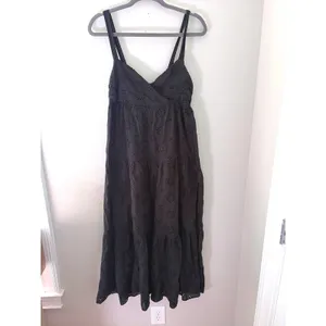 Zara Black Cotton Eyelet Embroidery Tiered Midi Dress Small Smocked Back Strappy thumbnail 3